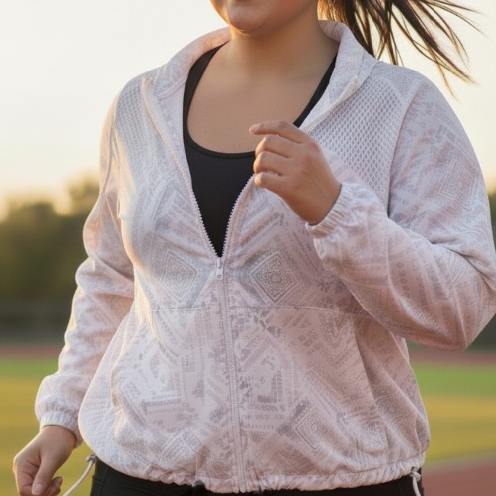 [[Maurices]] White Printed Windbreaker Jacket With Mesh Details